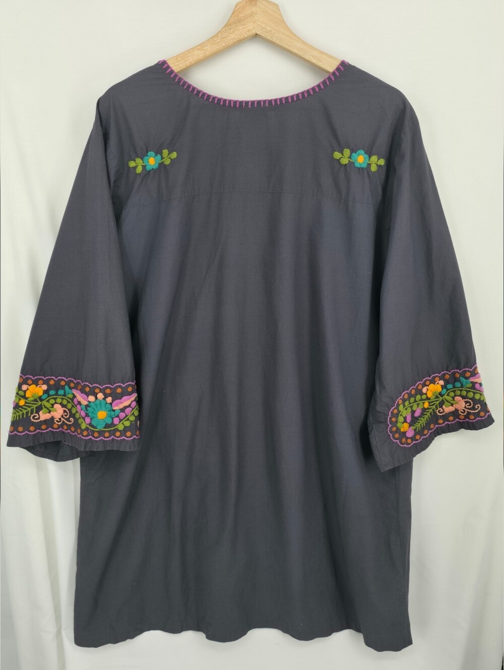 Sister Mary Embroidered Cotton Tunic Dress Large Gray Boho Folk Floral Artisan - Picture 12 of 16